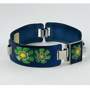 Vintage Italian Art Glass Panel bracelet Pop Art Flower Green Blue Yellow MOD 60